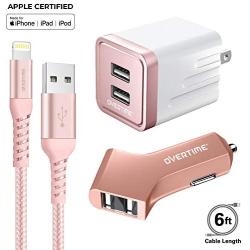 iPhone Charger, Overtime Apple MFi Certified 6ft Braided Lightning USB Cable with Dual Port Wall & Car Charger Adapter for iPhone 11 Pro Max X Xs XR 8 7 6s 5 SE, iPad Pro Air Mini – Rose Gold