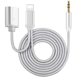 Aux and Charger Cable Compatible with iPhone to Headphone, 2 in 1 Aux Cable for Car with Charger Support iPhone6/7/8/X/Xs/Xr/iPad/iPod to Car Stereo or Headphone Audio Jack（Silver）