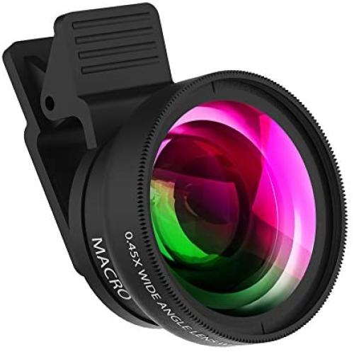 Cell Phone Camera Lens 2 in 1 Clip-on Lens Kit 0.45X Super Wide Angle & 12.5X Macro Phone Camera Lens for iPhone 8 7 6s 6 Plus 5s Samsung Android & Most Smartphones Black