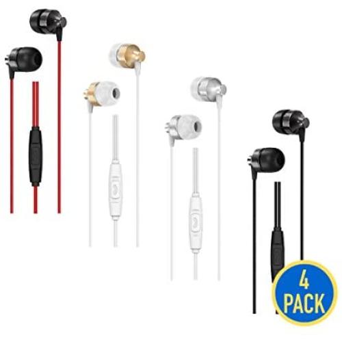 4 Pairs Ear Bud Headphones with Microphone (G06), Wholesale 3.5mm Wired Earphones Headsets Bulk Accessory for Android iOS Smartphone, Cell Phone, MP3, Media Player, Laptop, PC, Chromebook, Gaming