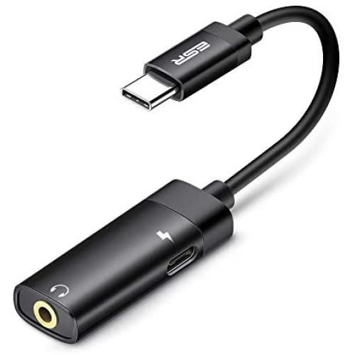 ESR 2-in-1 USB-C PD Headphone Jack Adapter, Type-C to 3.5mm Audio Adapter, for Aux, Stereo, Earphones, Headset, Headphones, Compatible with Galaxy S20/S10/Note10, Pixel 3/4, iPad Pro 2018, Black