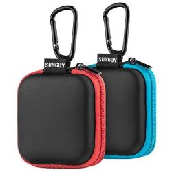 Earbud Case, SUNGUY【2Pack, Red+ Blue】 Portable Square Earphone Carrying Cases with 2 Carabiners for AirPods, Hearing Aids, USB Charging Cord, USB Flash Drive.