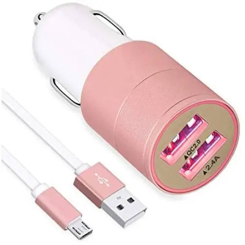 Fast Micro USB Car Charger, Compatible for Samsung Galaxy S7 Edge/S7/S7 Active/S6/S5, J7/3/2, Note5/4, Moto G5/G4, Z2, LG Stylo 3/2 Android Phones, 30W Dual Port Car Adapter with 3ft Cord-Gold Rose