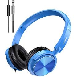 Vogek On Ear Headphones with Mic, Stereo Bass Fold-Flat Headset, Wired Portable Earphones with Microphone, Adjustable Headband and 1.5M Tangle Free Cord for Kids Students Teens Adults, Blue