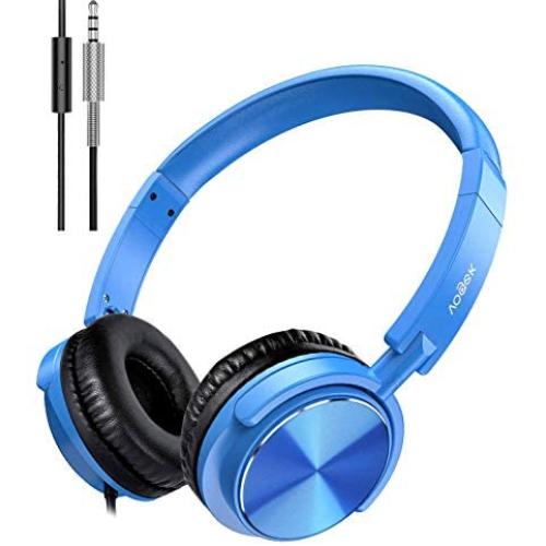 Vogek On Ear Headphones with Mic, Stereo Bass Fold-Flat Headset, Wired Portable Earphones with Microphone, Adjustable Headband and 1.5M Tangle Free Cord for Kids Students Teens Adults, Blue