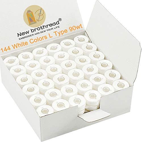 New brothread 144pcs Type L (SA155) Size White Prewound Bobbin Thread Plastic Side for Particular Embroidery and Sewing Machines - 90 Weight