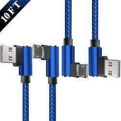 Micro USB Cable Android Charger - [2-Pack 10FT] 90 Degree Right Angle Nylon-Braided Fast Sync & Charging Cord Compatible with Galaxy, Kindle, Nexus, LG, Xbox, PS4, Smartphones & More(Blue)