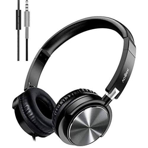 Vogek On Ear Headphones with Mic, Stereo Bass Fold-Flat Headset, Wired Portable Earphones with Microphone, Adjustable Headband and 1.5M Tangle Free Cord for Kids Students Teens Adults, Grey