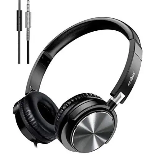 Vogek On Ear Headphones with Mic, Stereo Bass Fold-Flat Headset, Wired Portable Earphones with Microphone, Adjustable Headband and 1.5M Tangle Free Cord for Kids Students Teens Adults, Grey