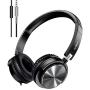 Vogek On Ear Headphones with Mic, Stereo Bass Fold-Flat Headset, Wired Portable Earphones with Microphone, Adjustable Headband and 1.5M Tangle Free Cord for Kids Students Teens Adults, Grey