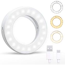 Selfie Ring Light 3 Light Modes, Clip On Phone Camera Selfie LED Fill Light Rechargeable, Adjustable Brightness Selfie Circle Light Compatible for iPhone, iPad, Android, Tablet, Laptop