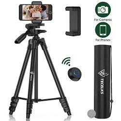 Lightweight Tripod 55-Inch, Travel/Video/Phone/Camera Tripod Stand with Bluetooth Remote, Phone Clip, Carry Bag and Replacement Battery for Travel/YouTube Video/Photography/Vlog