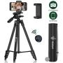 Lightweight Tripod 55-Inch, Travel/Video/Phone/Camera Tripod Stand with Bluetooth Remote, Phone Clip, Carry Bag and Replacement Battery for Travel/YouTube Video/Photography/Vlog