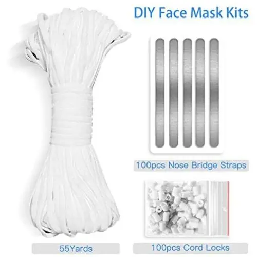 55 Yards 1/4 inch Elastic Bands Elastic String Cord High Elasticity Soft Ear Tie Rope White and Nose Bridge Strips(100pcs) and Cord Locks(100pcs), DIY Face Mask Kits for Sewing Craft Handmade Mask 55 Yards 1/4 inch Elastic Bands Elastic String Cord High Elasticity Soft Ear Tie Rope White and Nose Bridge Strips(100pcs) and Cord Locks(100pcs), DIY Face Mask Kits for Sewing Craft Handmade Mask