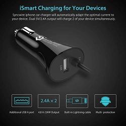 Syncwire iPhone USB Car Charger - Upgrade 4.8A/24W Car Charging Adapter with Built-in Coiled [MFI Certified] Lightning Cable for Apple iPhone 11/Xs/XS Max/XR/X/8/7/6s/6 Plus, iPad & More - Black