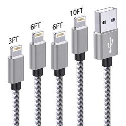 Zteanok iPhone Charger MFi Certified, 4Pack 3FT 6FT 6FT 10FT Nylon Braided Lightning to USB Cord Compatible iPhone 11/ X/iPhone 8/8 Plus/iPhone 7/7 plus/6/6s/plus