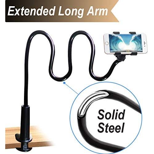 Cell Phone Clip On Stand Holder with Grip Flexible Long Arm Gooseneck Bracket Mount Clamp Compatible with iPhone X/8/7/6/6S Plus Samsung S8/S7, Used for Bed, Desktop, Black