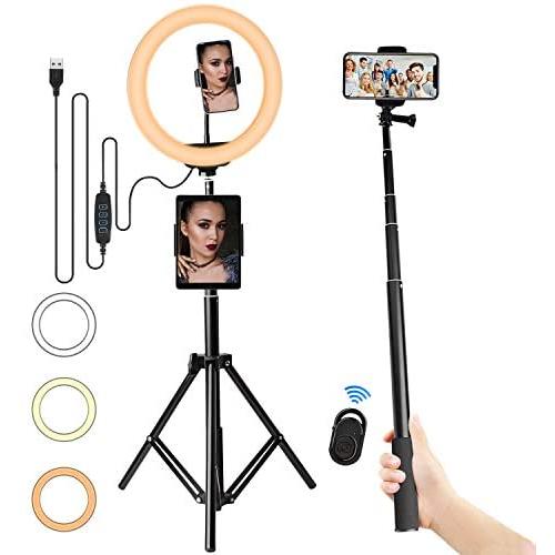 10 LED Selfie Ring Light with Tripod Stand, Patiszen LED Ring Light Set Dimmable 3200-5600K Selfie Ring Light for Selfie, Makeup, Live Stream, YouTube Video