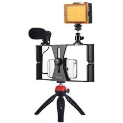 Smartphone Video Rig Kit PULUZ Smartphone Video Grip with Microphone + Video Light + Cold Shoe Tripod Head + Mini Tripod for iPhone Samsung and Most Phones Within 7-inch Screen (Red)