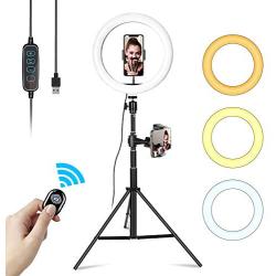 10” Selfie Ring Light with Adjustable Tripod Stand, 2 Cell Phone Holders and Phone Remote Shutter, Small LED Ringlight for Live Streaming, Makeup, Video Shooting, Photography