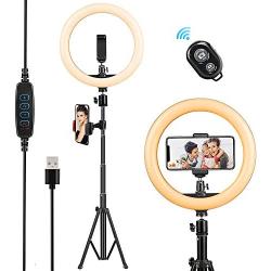 Light Ring with Adjustable Tripod Stand & Cell Phone Holder,10.2" Selfie Light Dimmable Camera Beauty for Live Stream/Makeup/YouTube Video/TikTok/Photography,Compatible with iPhone & Android (Yellow)