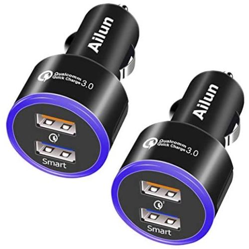Ailun Fast Car Charger Qualcomm Quick Charge 3.0 Adapter 2Pack Dual USB Port 35W for iPhone 11/11 Pro/11 Pro Max/X Xs XR Xs Max Galaxy s20, s20+ S20Ultra s10 S9 Note 10 Black