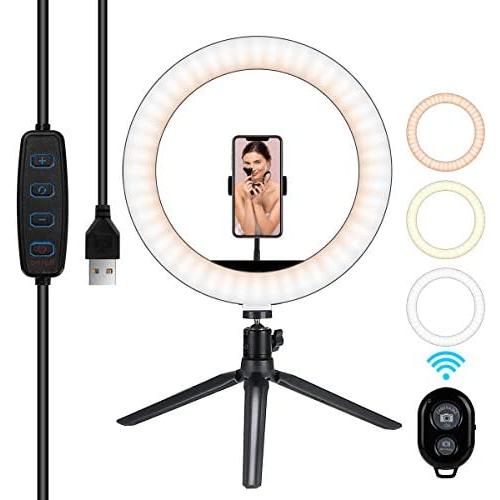 10" LED Selfie Ring Light with Tripod Stand Cell Phone Holder for Make Up/Live Stream,Desk Dimmable Ring Light for YouTube Video/Photography,3 Light Mode(Remote Control Inclued)