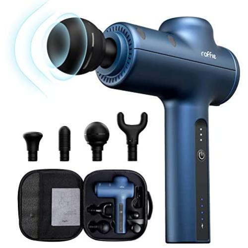 Roffie Massage Gun Muscle Neck Back Massager Deep Tissue Percussion Handheld Shoulder Massager Super Quiet Brushless Motor, 4 Massage Heads 3 Levels(Blue)