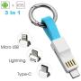 Keychain Charger Magnetic Portable Charging Cable 3 in 1 Multi Short Small Fast Charging Cord Compatible All Smartphones Smart Device (Blue)