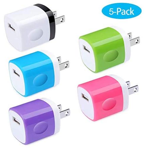 Charging Block, Charger Box, Ououdee 1A 5-Pack Travel Single Port USB Wall Charger Brick Cubes Compatible iPhone X/8/8 Plus/7/6S Plus, Samsung Galaxy s10e S10 S9 S8 Plus/S7/S6/Note 9/8, LG G8 G7, Moto