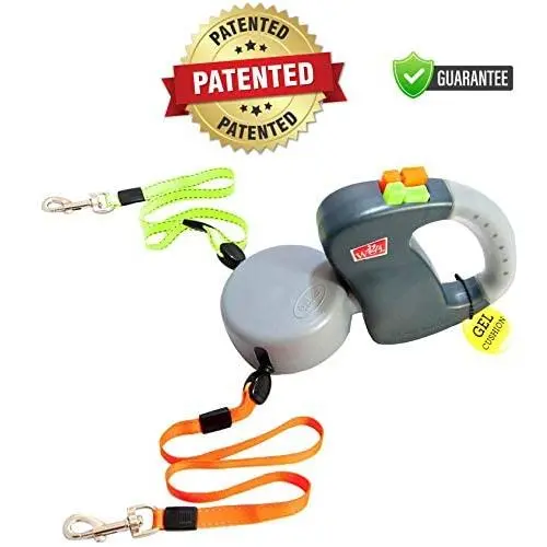 Wigzi Two Dog Retractable Non-Tangling Dog Leash with Innovative Gel Handle - Walk 2 Dogs Up to 50 lbs Each - 10 ft Leads Wigzi Two Dog Retractable Non-Tangling Dog Leash with Innovative Gel Handle - Walk 2 Dogs Up to 50 lbs Each - 10 ft Leads