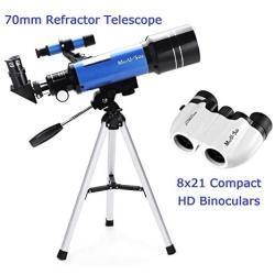 MaxUSee 70mm Refractor Telescope + 8X21 Compact HD Binoculars for Kids and Astronomy Beginners, Travel Scope for Moon Stars Viewing Bird Watching Sightseeing