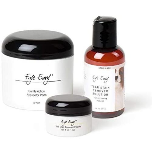 Eye Envy Dog Tear Stain Remover Starter Kit | Tear Stain Essentials in one kit at a 2-Step System | Lasts 30-45 Days | Solution 2 fl.oz, Applicator Pads 30 Count and Powder 0.5oz