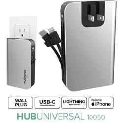 myCharge Portable Charger with Built in Cables & Wall Plug [iPhone + USB C] 10050 mAh Hub Universal Ultra Slim Power Bank Cell Phone External Battery Pack for Apple Lightning & Android for Samsung