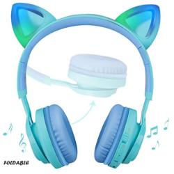 Kids Headphones, Riwbox CT-7S Cat Ear Bluetooth Headphones 85dB Volume Limiting,LED Light Up Kids Wireless Headphones Over Ear with Microphone for iPhone/iPad/Kindle/Laptop/PC/TV(Blue&Green)