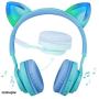 Kids Headphones, Riwbox CT-7S Cat Ear Bluetooth Headphones 85dB Volume Limiting,LED Light Up Kids Wireless Headphones Over Ear with Microphone for iPhone/iPad/Kindle/Laptop/PC/TV(Blue&Green)