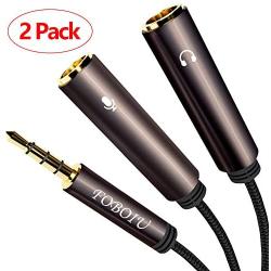 Headphone Splitter Adapter, FOBOIU Headset Splitter Separate Headphones and Mic Jack, 3.5mm Splitter Plug Compatible for PS4, Xbox One, Laptops, PC Gaming Headset, Tablet, Smartphone (2 Pack, Brown)