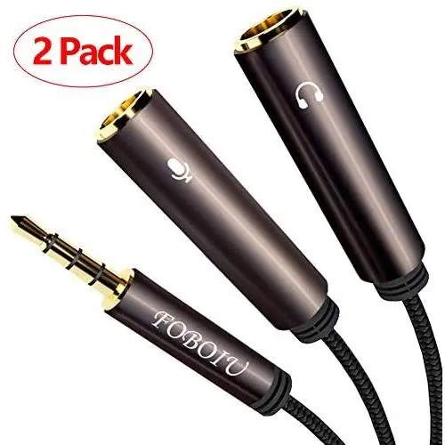 Headphone Splitter Adapter, FOBOIU Headset Splitter Separate Headphones and Mic Jack, 3.5mm Splitter Plug Compatible for PS4, Xbox One, Laptops, PC Gaming Headset, Tablet, Smartphone (2 Pack, Brown)