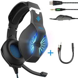 Gaming Headset-3.5MM Jack & USB Wired Over Ear Headphone with Mic and Stunning LED Light for PC,PS4,Xbox,Tablet,Smartphones-Noise-isolating/Stereo Sound/Soft Memory Earmuffs(Black)