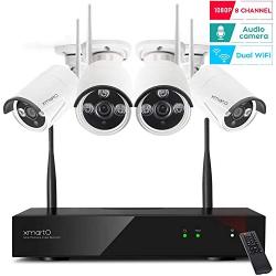 [2020 Dual WiFi 8-CAM 1080p] xmartO 8-Camera WiFi Security Camera System Wireless with 4X 1080P WiFi IP Cameras for Home and Business Surveillance (Dual WiFi Routers in NVR,100ft IR, No HDD, WRS2084)