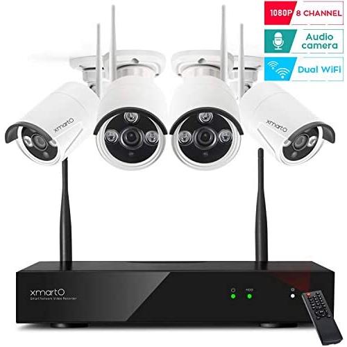 [2020 Dual WiFi 8-CAM 1080p] xmartO 8-Camera WiFi Security Camera System Wireless with 4X 1080P WiFi IP Cameras for Home and Business Surveillance (Dual WiFi Routers in NVR,100ft IR, No HDD, WRS2084)