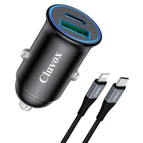 Cluvox USB C Car Charger, 30W PD Fast Charging [Mini & All Metal] Car Adapter Compatible for Apple iPhone 11 Pro Max/11/XS Max/XS/XR/X/8/7/6S/6 Plus/5, iPad with 3ft MFi Certified Lightning Cord