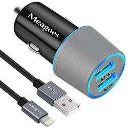 Meagoes Car Charger MFi Certified, 24W/4.8A Dual USB Ports Car Charging Adapter Compatible for Apple iPhone 11/Pro/Max/SE 2020/XS/XR/X/8 Plus/8/7/6S/6/SE, with 3.3ft USB Lightning Cable Cord