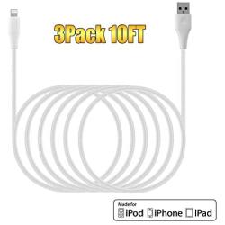 10ft Apple MFi Certified iPhone Charger Cable Extra Long 3Pack 10 Feet Lightning Charging Cord for iPhone 11 Xs Max XR X 8 Plus 7 Plus 6 Plus 5s SE iPad Pro iPod Airpods USB Charge 10Foot