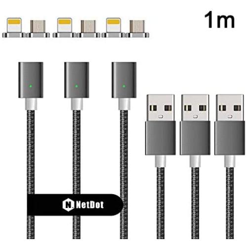 NetDot 3rd Generation USB2.0 Magnetic Charging Cable Adapter with 1 iOS Connector and 1 Micro-USB Connector Compatible with Both Android Smartphone and iPhone - 3.3 Feet / 3 Pack Gray