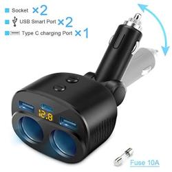 USB C Car Charger, Rocketek 2 Sockets Cigarette Lighter Splitter Adapter Dual USB Type C Ports Separate Switch LED Voltage Display Built-in Replaceable 10A Fuse for Mobile Cell Phone GPS Dash Cam