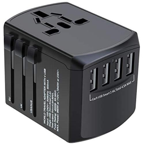 Travel Adapter, Universal Plug Adapter for Worldwide Travel, International Power Adapter, Plug Converter with 4 USB Ports, All in One Wall Charger AC Socket for European UK AUS Asia Cell Phone Laptop