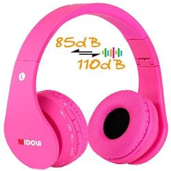 Volume Limited 85dB Kids Headphone Bluetooth Wireless Over Ear Foldable Stereo Sound Noise Protection Headset with AUX 3.5mm Cord Mic for Boys Girls Cellphone Ipad Tablets TV Notebook Light Pink Rose