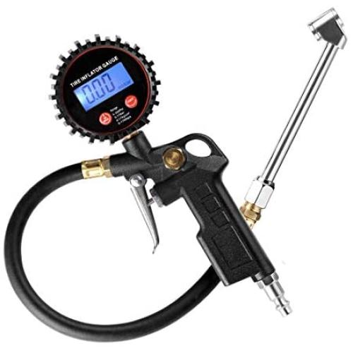 CZC AUTO Digital Tire Inflator Pressure Gauge, LED Display Tyre Deflator Gage with Dual Head Chuck Rubber Hose MNPT Fitting, Compatible with Air Pump Compressor for Truck Bus RV Car Motorcycle Bike
