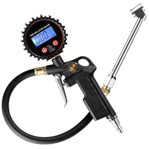 CZC AUTO Digital Tire Inflator Pressure Gauge, LED Display Tyre Deflator Gage with Dual Head Chuck Rubber Hose MNPT Fitting, Compatible with Air Pump Compressor for Truck Bus RV Car Motorcycle Bike